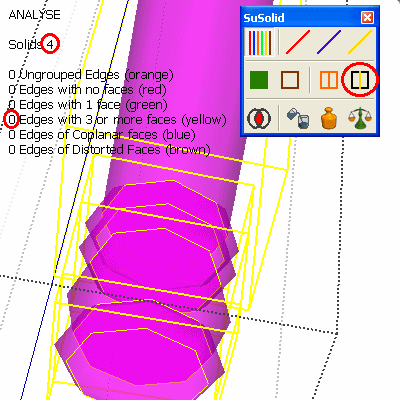 After Divide: the leg is split into separate magenta solids; the counter shows 4 solids and 0 yellow edges