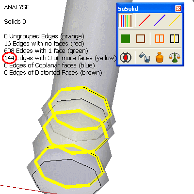 Analyse view of a table leg with yellow internal edges; the counter shows 0 solids and 144 edges with 3 or more faces