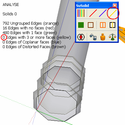 The same leg after Delete Inside: no yellow edges and the counter shows 0