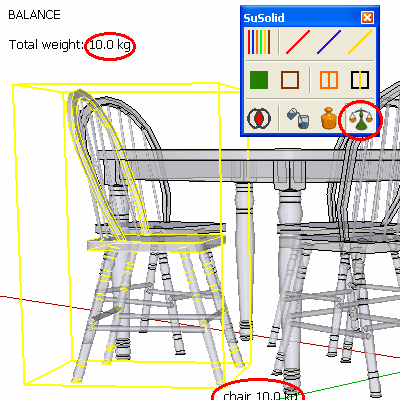 Balance view: the chair is labelled 10.0 kg and the total weight reads 10.0 kg
