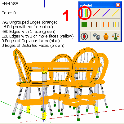 Analyse view: the chairs are covered in orange edges; the counter shows 0 solids and 792 ungrouped edges
