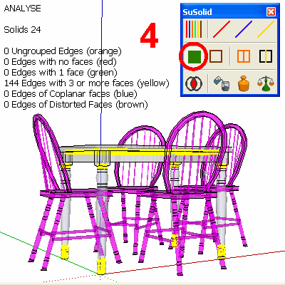 After Close Holes: most parts are magenta, meaning solid; yellow edges remain on the table legs