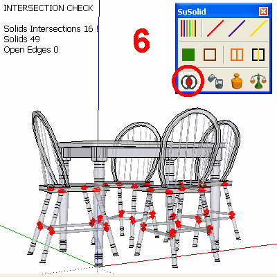 Intersection Check: red marks where chair parts overlap; the counter shows 16 intersections among 49 solids