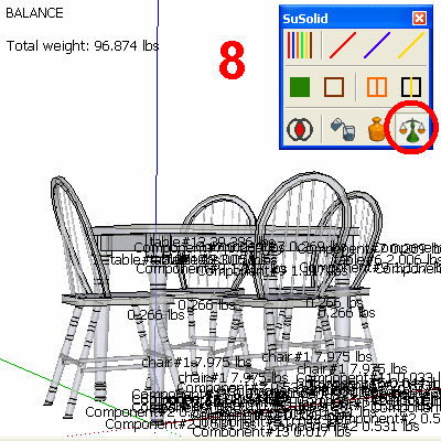 Balance view: the total weight reads 96.874 lbs and each part is labelled with its weight